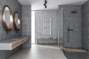 Modern Bathroom interior with white bathtub against huge window with landscape view
